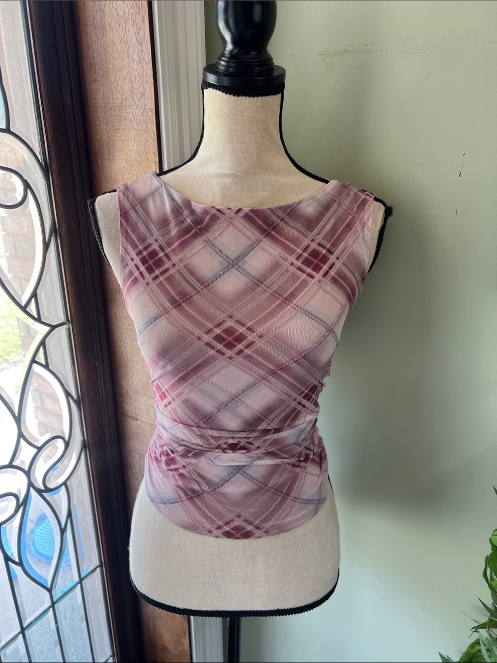 Pink Plaid Sleeveless Mesh Camisole